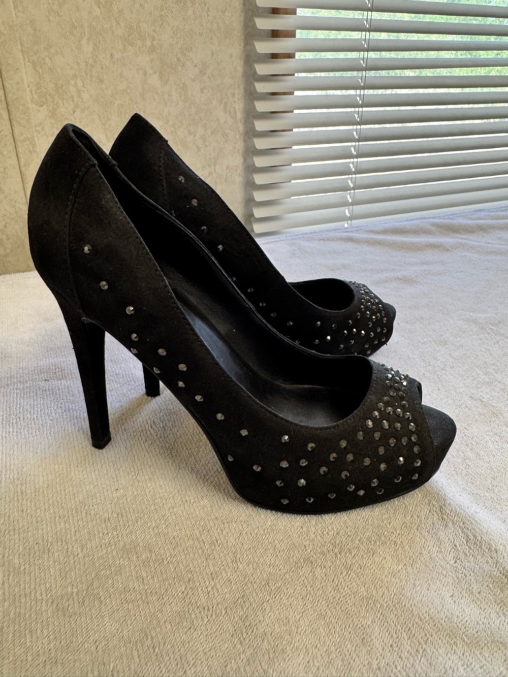 Marc Fisher Black Studded Peep-Toe Pumps